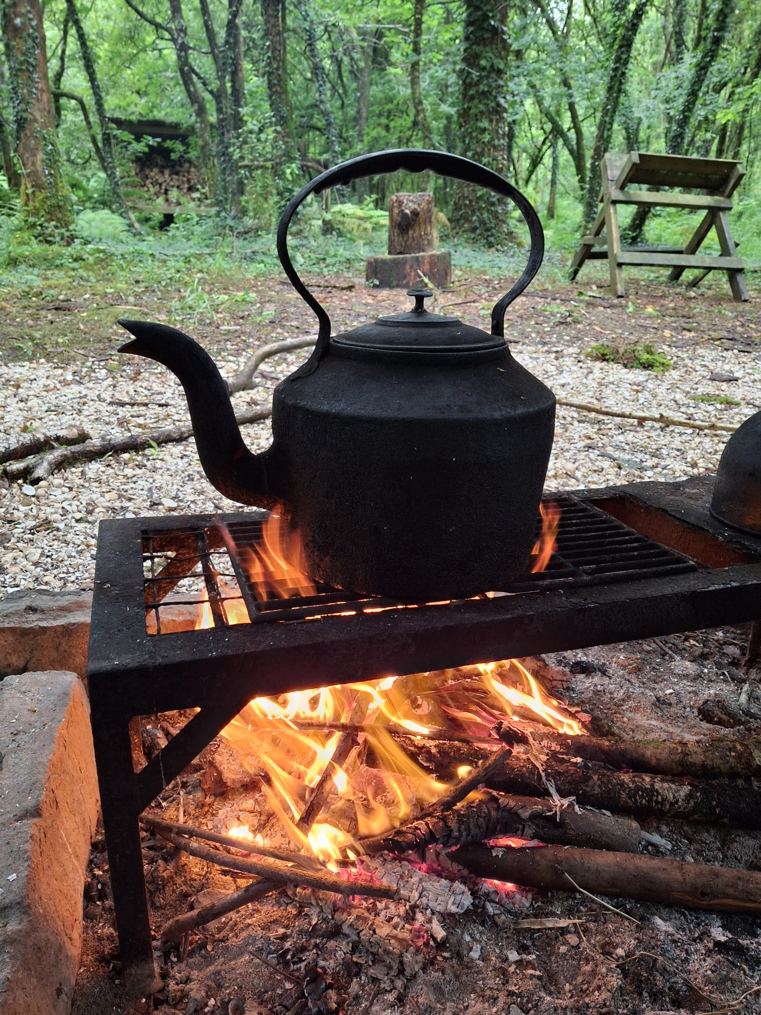 A kettle warming over an outdoor fire