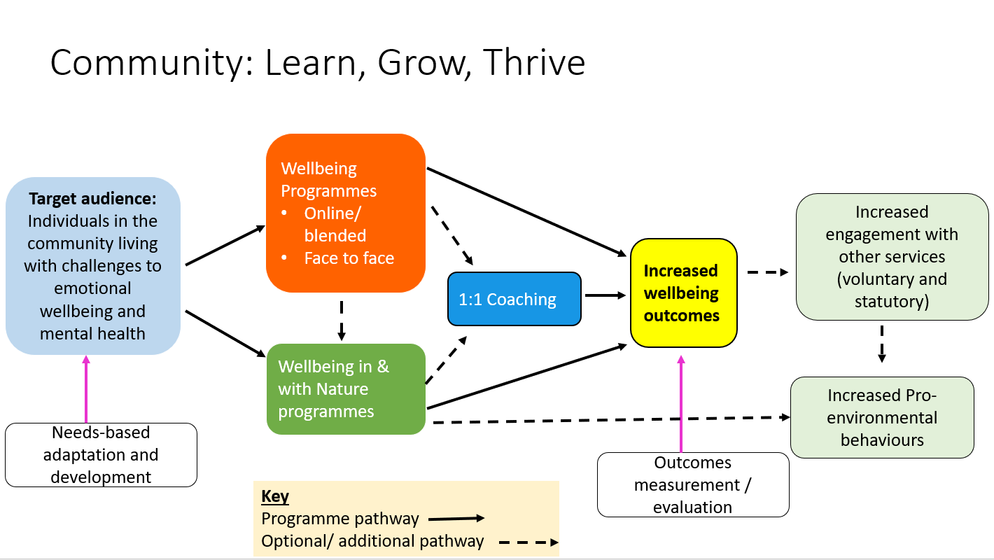 Happy Headwork diagram showing standalone and connected pathways through wellbeing programmes, nature programmes and therapeutic coaching